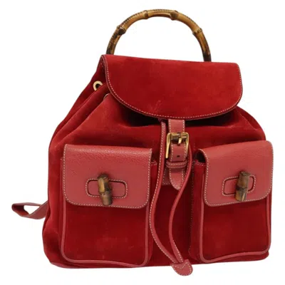 Pre-owned Gucci Bamboo Tassel Backpack Suede Red Suede Backpack Bag ()