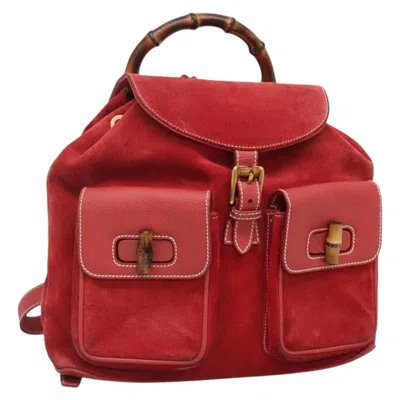 Pre-owned Gucci Bamboo Tassel Backpack Suede Red Suede Backpack Bag ()