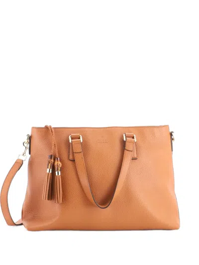 Pre-owned Gucci Bamboo Tassel Convertible Zip Leather Medium Tote Bag In Brown