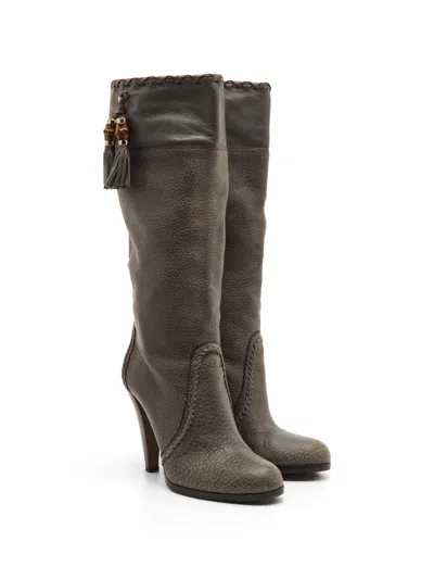 Pre-owned Gucci Bamboo Tassel-detail Boots In Gray