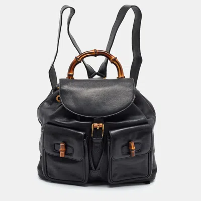 Pre-owned Gucci Bamboo Twin Pocket Black Leather Backpack