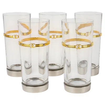 Pre-owned Gucci Barware Silver Plate And Crystal Highball Tumbler Glasses Set, Circa 1970 In Sand
