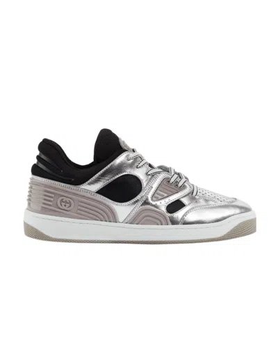 Gucci Basket Metallic-leather Sneakers In Gray