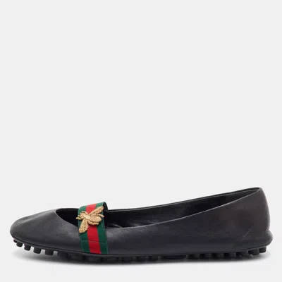 Pre-owned Gucci Bayadere Bee Size 40 Black Leather Web Mary Jane Ballet Flats