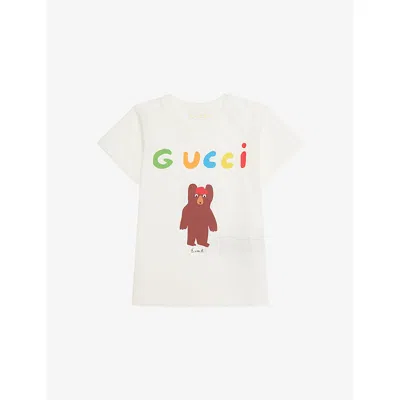 Gucci Kids' New White/mc Bear-print Round-neck Cotton-jersey T-shir