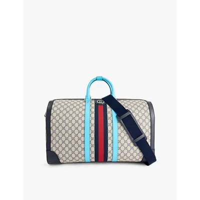 Gucci Monogram-print Web-stripe Coated-canvas Duffle Bag In Be.blu/br.sp.f/blu/b