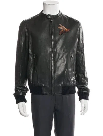 Pre-owned Gucci Bee Accent Calf Leather Moto Jacket In Black