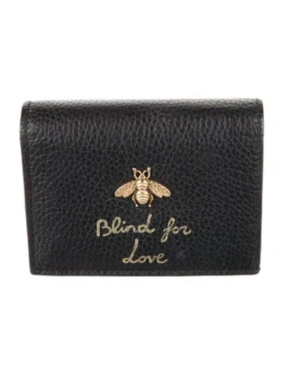 Pre-owned Gucci Bee Accent Leather Card Holder In Black