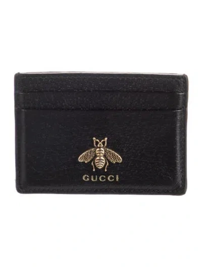 Pre-owned Gucci Bee Accent Leather Card Holder In Black
