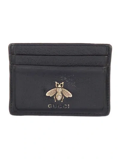 Pre-owned Gucci Bee Accent Leather Card Holder In Black