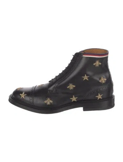 Pre-owned Gucci Bee Accent Leather Combat Boots In Black