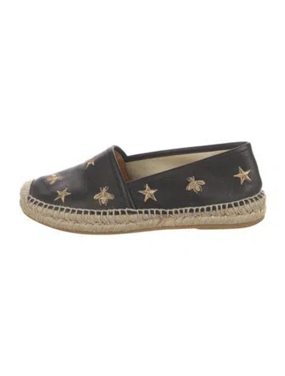 Pre-owned Gucci Bee Accent Leather Espadrilles In Black