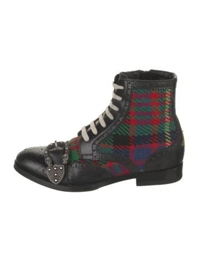 Pre-owned Gucci Bee Accent Leather Lace-up Boots In Black