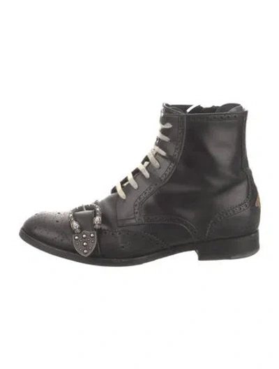 Pre-owned Gucci Bee Accent Leather Lace-up Boots In Black