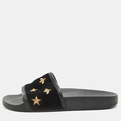 Pre-owned Gucci Bee And Star Size 36 Black/gold Velvet And Leather Flat Slide Sandals