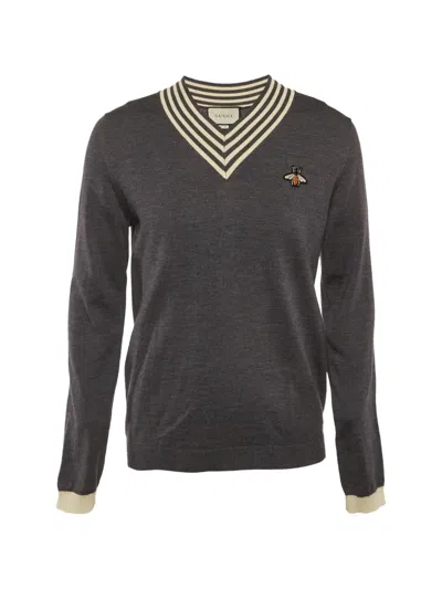 Pre-owned Gucci Bee Appliqué V-neck Sweater In Gray