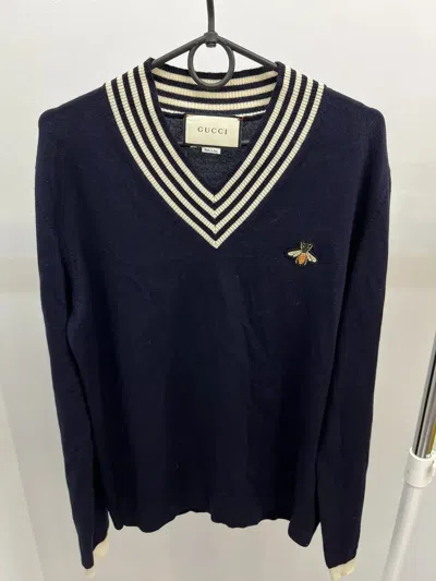 Pre-owned Gucci Bee Embroidery V-neck Wool Sweater In Blue