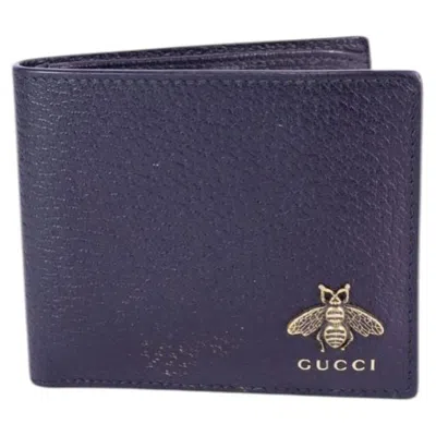 Pre-owned Gucci Bee Leather Bifold Wallet In Black