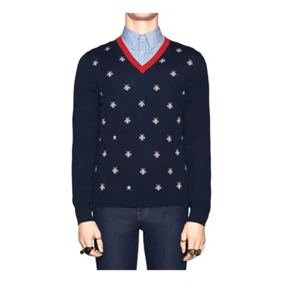 Gucci Bee Print V-neck Sweater For Men Navy In Blue
