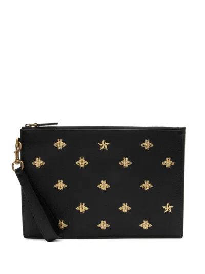 Pre-owned Gucci Bee Star Calfskin Clutch Bag In Black