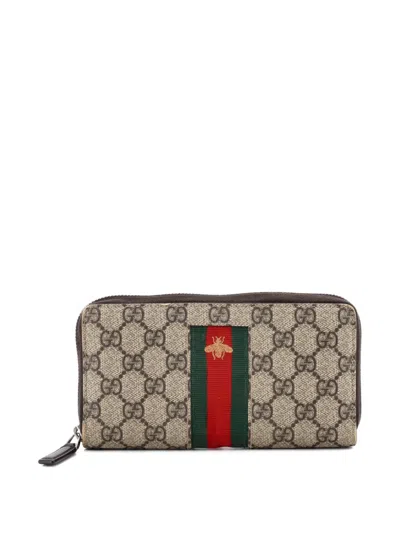 Pre-owned Gucci Bee Web Zip Around Wallet Gg Coated Canvas Small Wallets In Brown