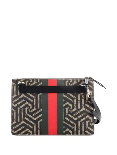Pre-owned Gucci Bee Web Zip Messenger Bag Caleido Gg Coated Canvas Small Crossbody Bag In Brown