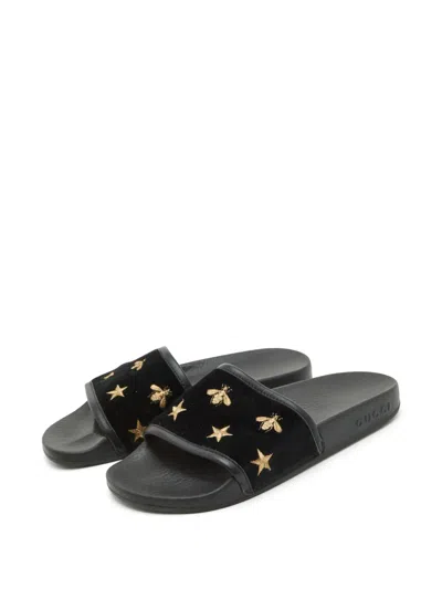 Pre-owned Gucci Bee-embroidered Slides In Black