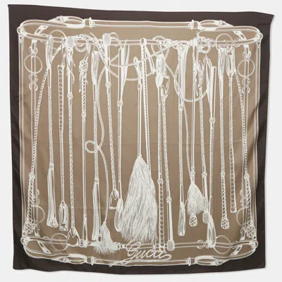 Pre-owned Gucci Beige & Black Buckle Printed Silk Scarf In Sand