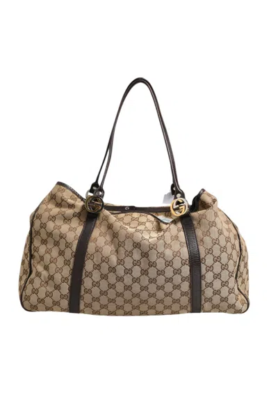 Pre-owned Gucci Beige And Black Canvas Twins Medium Tote Women's Bag () In Sand