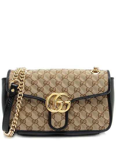 Pre-owned Gucci Beige & Black Gg Canvas Gg Marmont Medium Flap Bag (authentic Pre-loved)