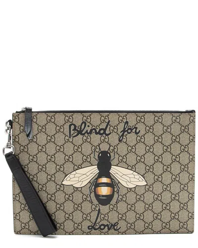 Pre-owned Gucci Beige & Black Gg Supreme Coated Canvas & Leather Blind For Love Wristlet  (authentic Pre-loved