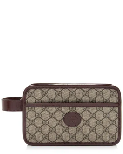 Pre-owned Gucci Beige & Brown Gg Supreme Canvas & Leather Toiletry Travel Pouch  (authentic Pre-loved)