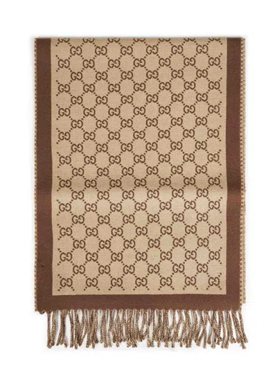 Gucci Beige And Brown Gg Wool Scarf In Neutral