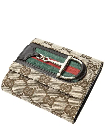 Pre-owned Gucci Beige & Brown Monogrammed Canvas Horsebit Trifold Wallet (authentic Pre-  Loved)