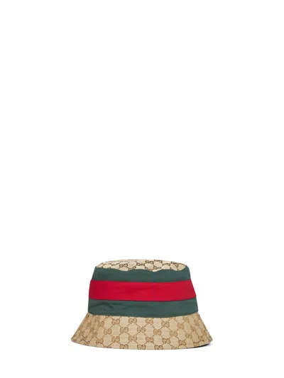 Gucci Beige And Dark Brown Gg Canvas Bucket Hat With Web Ribbon