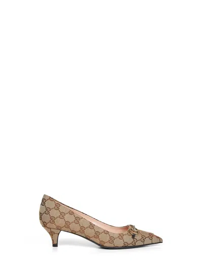 GUCCI BEIGE AND DARK BROWN GG CANVAS PUMPS WITH HORSEBIT