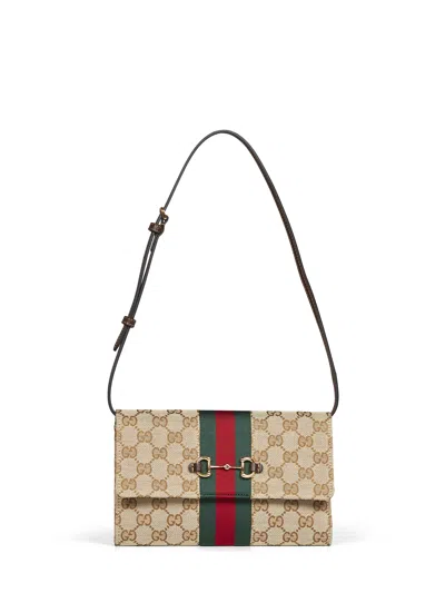 Gucci Beige And Dark Brown  Horsebit Web Wallet With Strap In Neutral