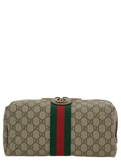 Gucci Beige And Ebony Beauty Case With Web Detail And Logo Detail In Gg Supreme Canvas Man In Multicolor