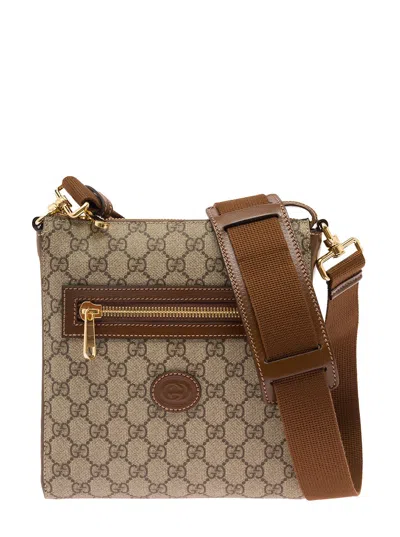 Gucci Beige And Ebony Crossbody Bag With Oval Interlocking G Patch In Gg Supreme Canvas Man In Multicolor