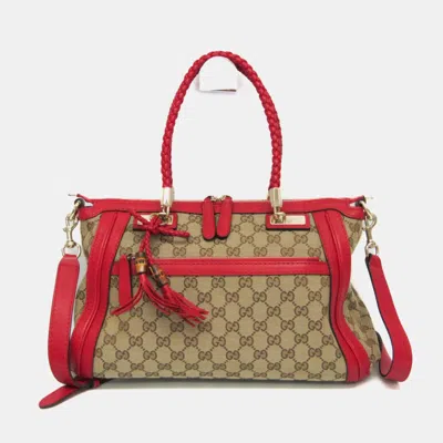 Pre-owned Gucci Gg Canvas Leather Canvas Shoulder Bag Beige Red Color In Sand