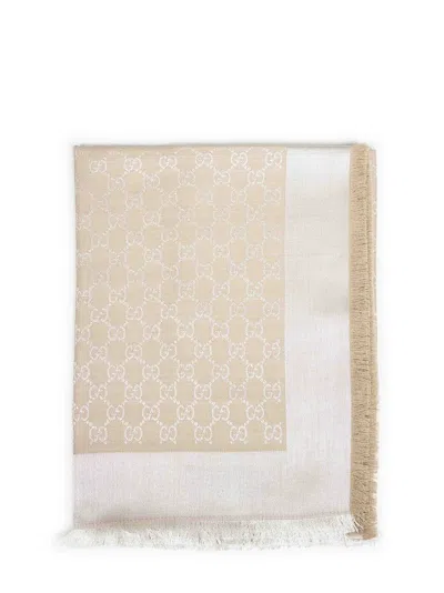 Gucci Women Beige And White Gg Silk And Wool Shawl In Brown