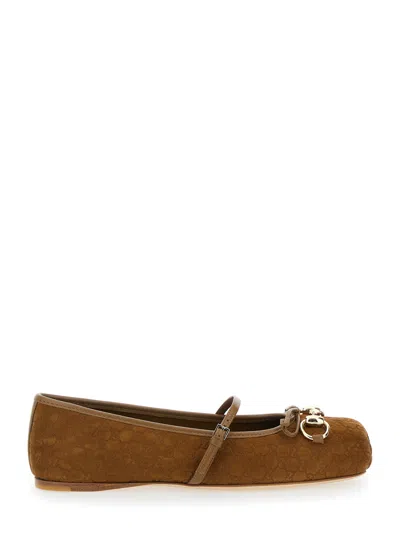 Gucci Beige Ballet Shoes With Horsebit And Bow Detail In Gg Canvas Woman In Multicolor