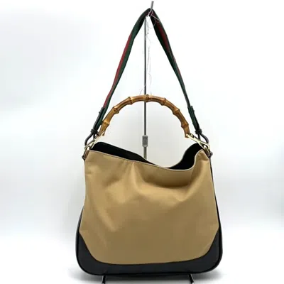Pre-owned Gucci Beige Bamboo Canvas Leather Handbag Shoulder Bag () In Sand