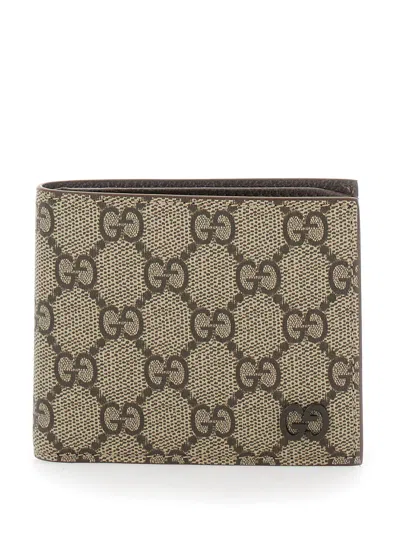 Gucci Beige Bi-fold Wallet With Double G Logo Plaque On The Front In Gg Canvas Man In Multicolor