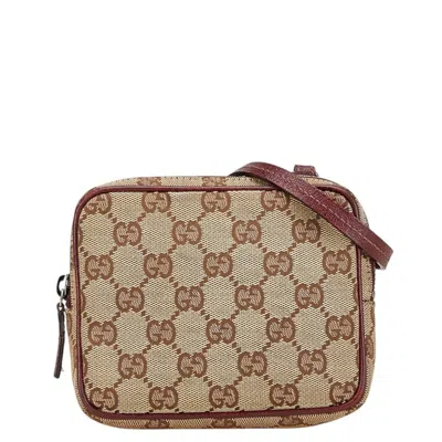 Pre-owned Gucci Beige Black Bordeaux Canvas Leather Pouch Shoulder Bag ()