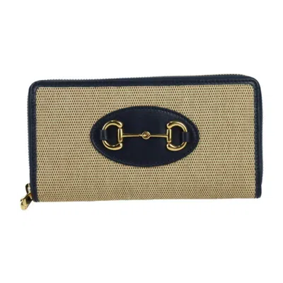 Pre-owned Gucci Beige Black Canvas Leather Long Wallet (bi-fold) () In Multi