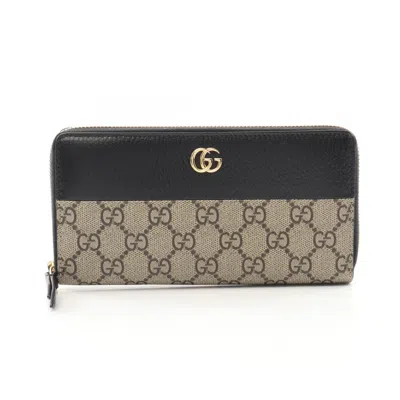 Pre-owned Gucci Beige Black Coated Canvas Leather Long Wallet (bi-fold) () In Multi