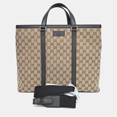 Pre-owned Gucci Beige Black Fabric Jacquard Tote And Shoulder Bag
