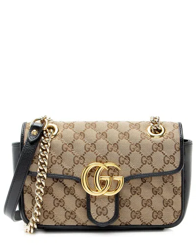 Gucci Beige, Black Gg Canvas & Leather Gg Marmont Small Flap Bag (authentic Pre-loved) In Multi