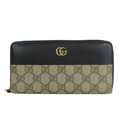 Pre-owned Gucci Beige Black Gg Supreme Canvas Leather Long Wallet (bi-fold) () In Multi